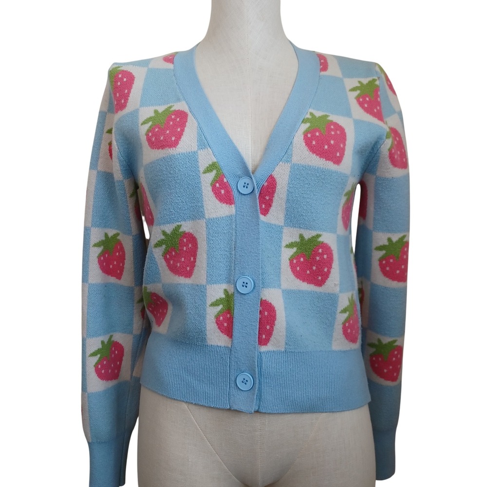 Luna Ivy Blue Checkered Strawberry Cardigan Sweater Womens‎ Medium V-Neck 19143